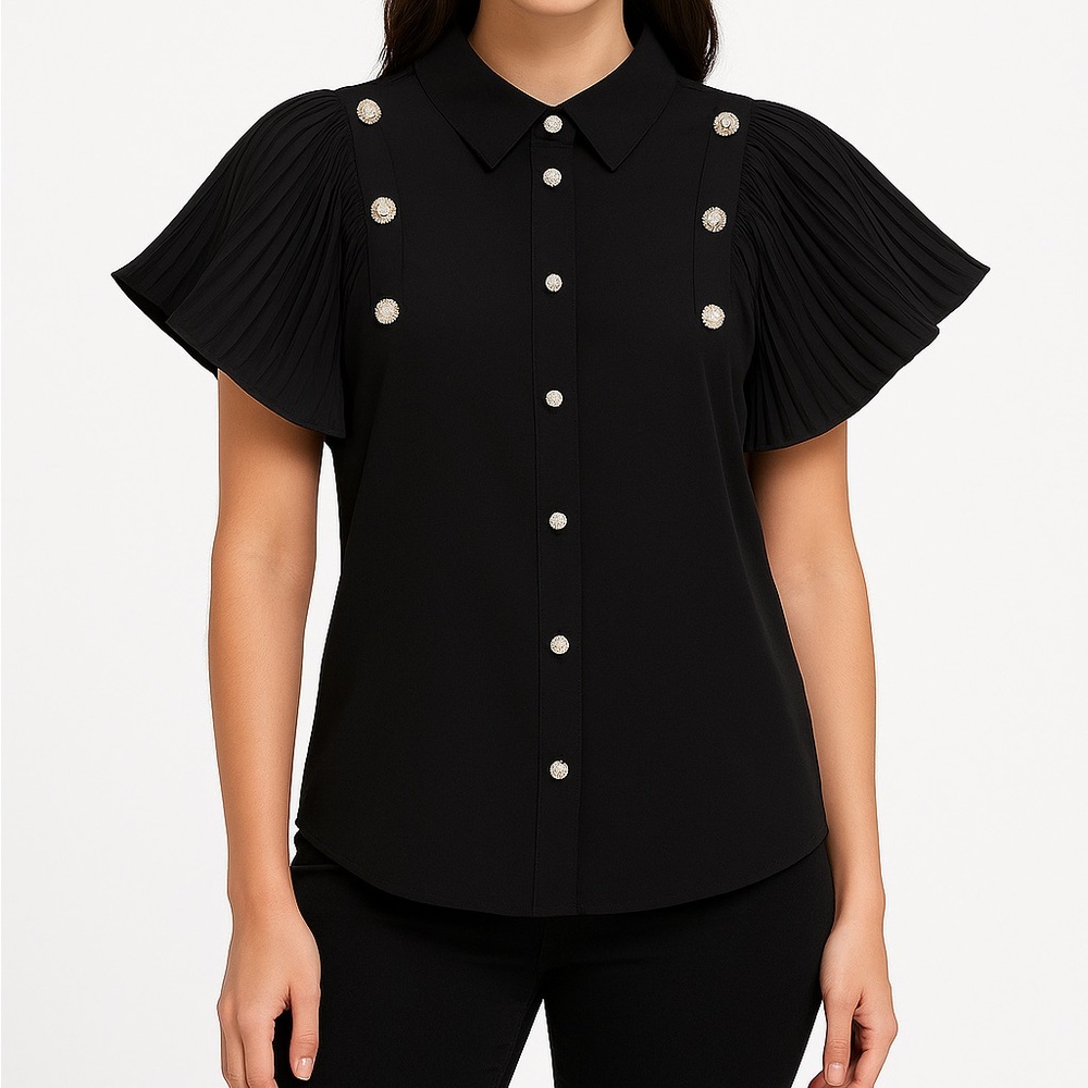 A.Z.I. New York NWT Black Blouse XS – Pearl Pleated Flutter Sleeve Top